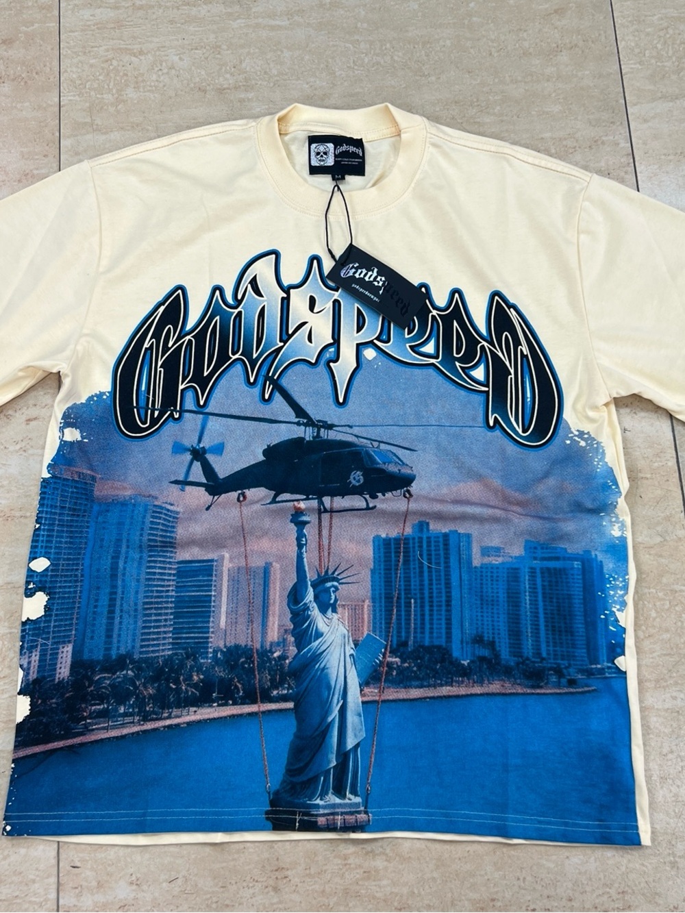 Godspeed Cream Short-Sleeve Graphic Tee with Blue City Print